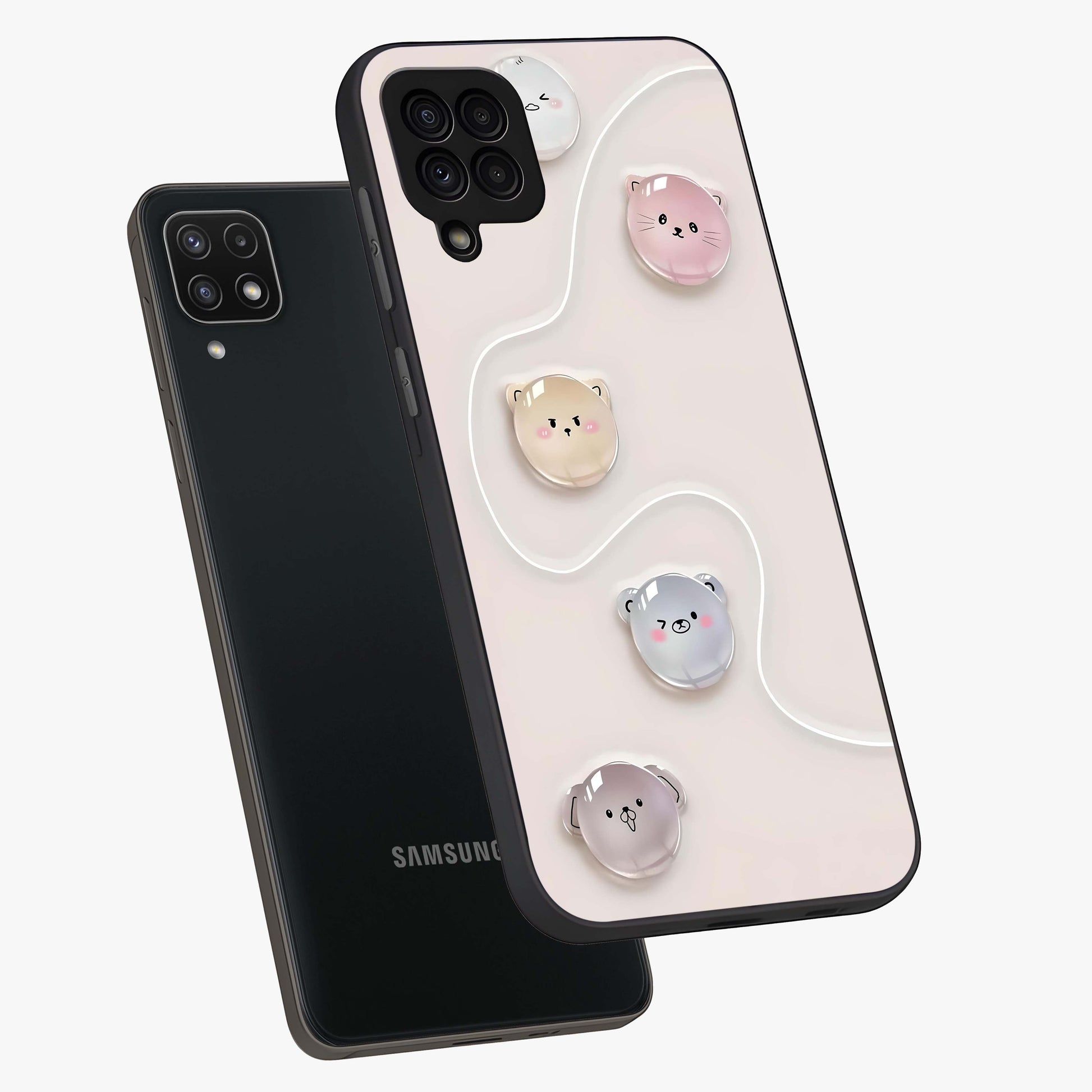 Puffy Face Parade Glass Case displayed in angled mockup highlighting playful cartoon face design with fun aesthetic.