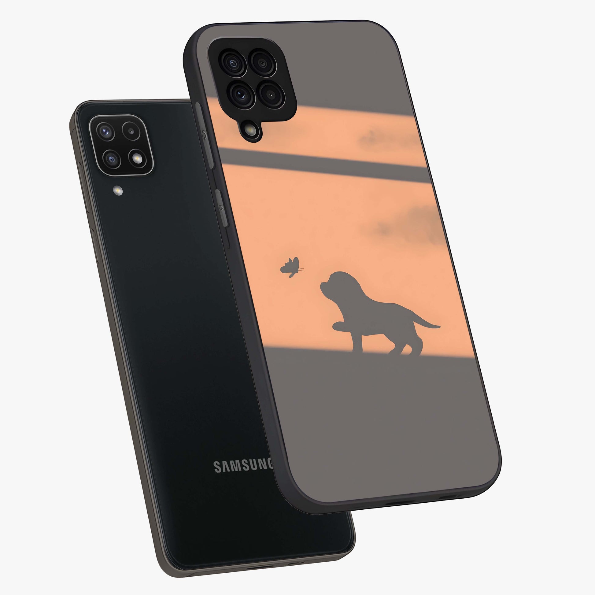 Puppy Shadow Art Glass Case displayed in angled mockup highlighting playful dog illustration with artistic shadow aesthetic.