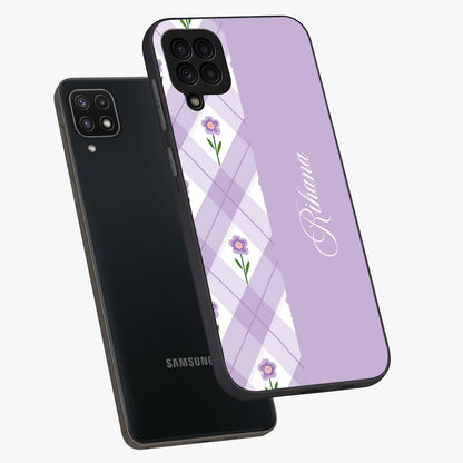 Purple Diamond Floral Glass Case displayed in angled mockup highlighting elegant purple flower design with decorative pattern.