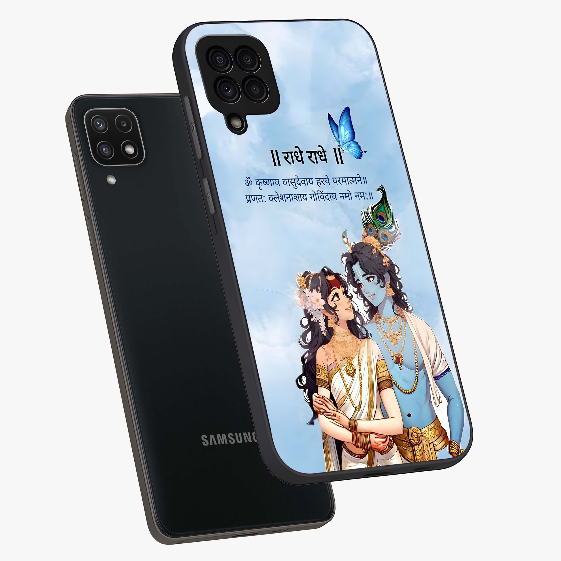 Radha Krishna Eternal Glass Case displayed in angled mockup highlighting divine Radha Krishna illustration with spiritual aesthetic.