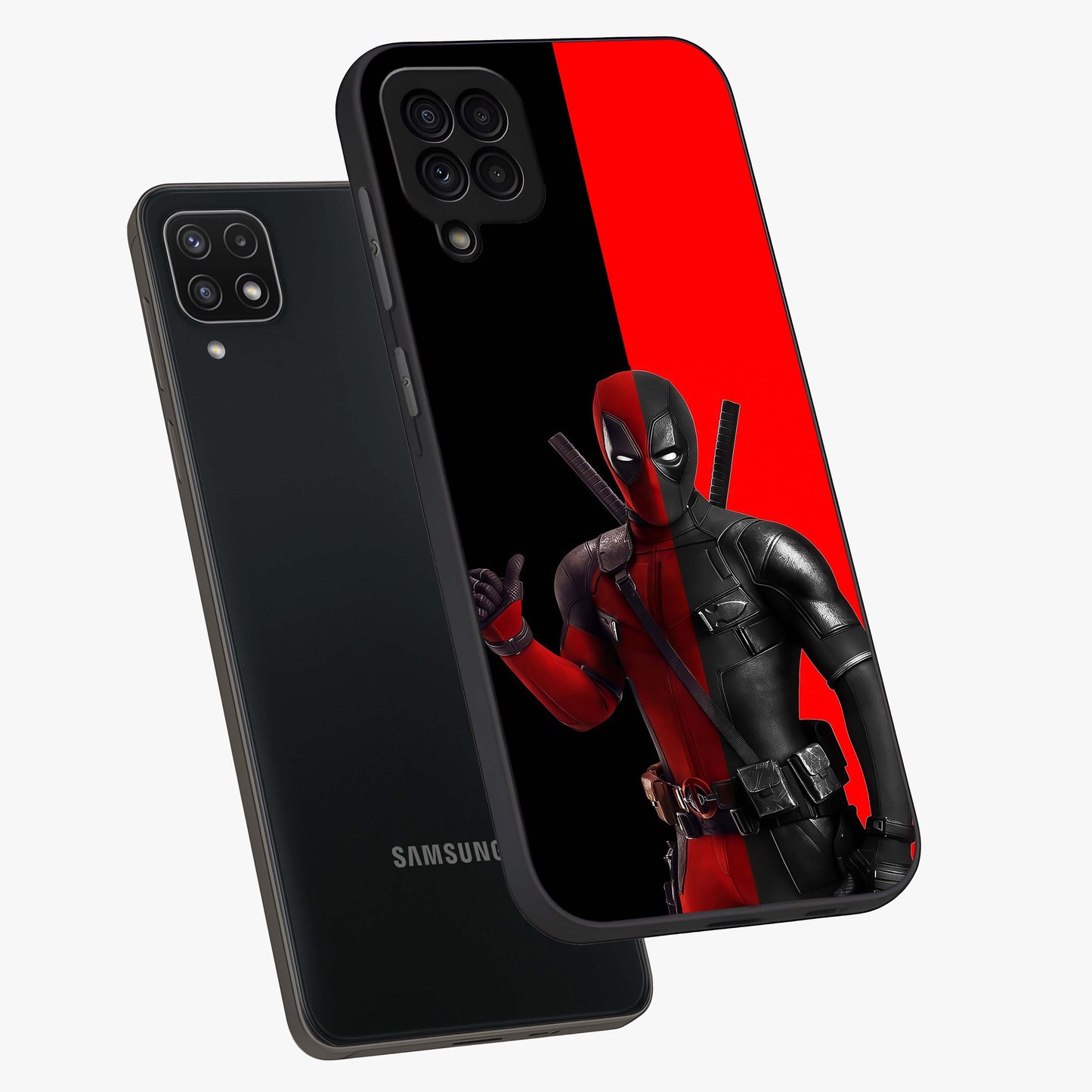 Red & Black Deadpool Theme Glass Case displayed in angled mockup highlighting vibrant superhero style illustration with action aesthetic.