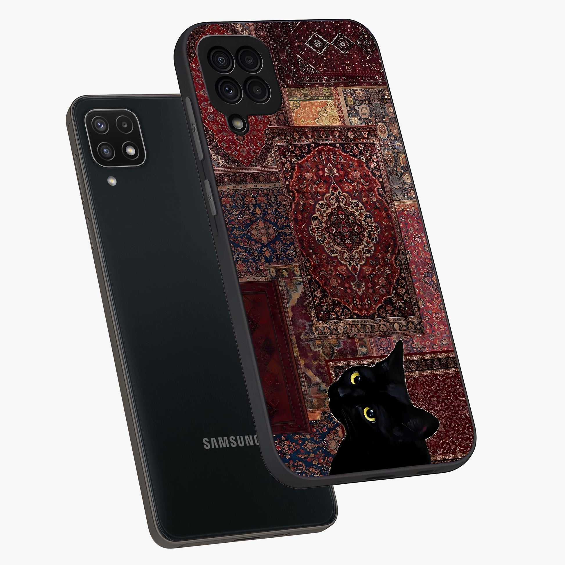 Regal Magic Cat Apple Glass Case displayed in angled mockup highlighting whimsical feline design with fantasy aesthetic.