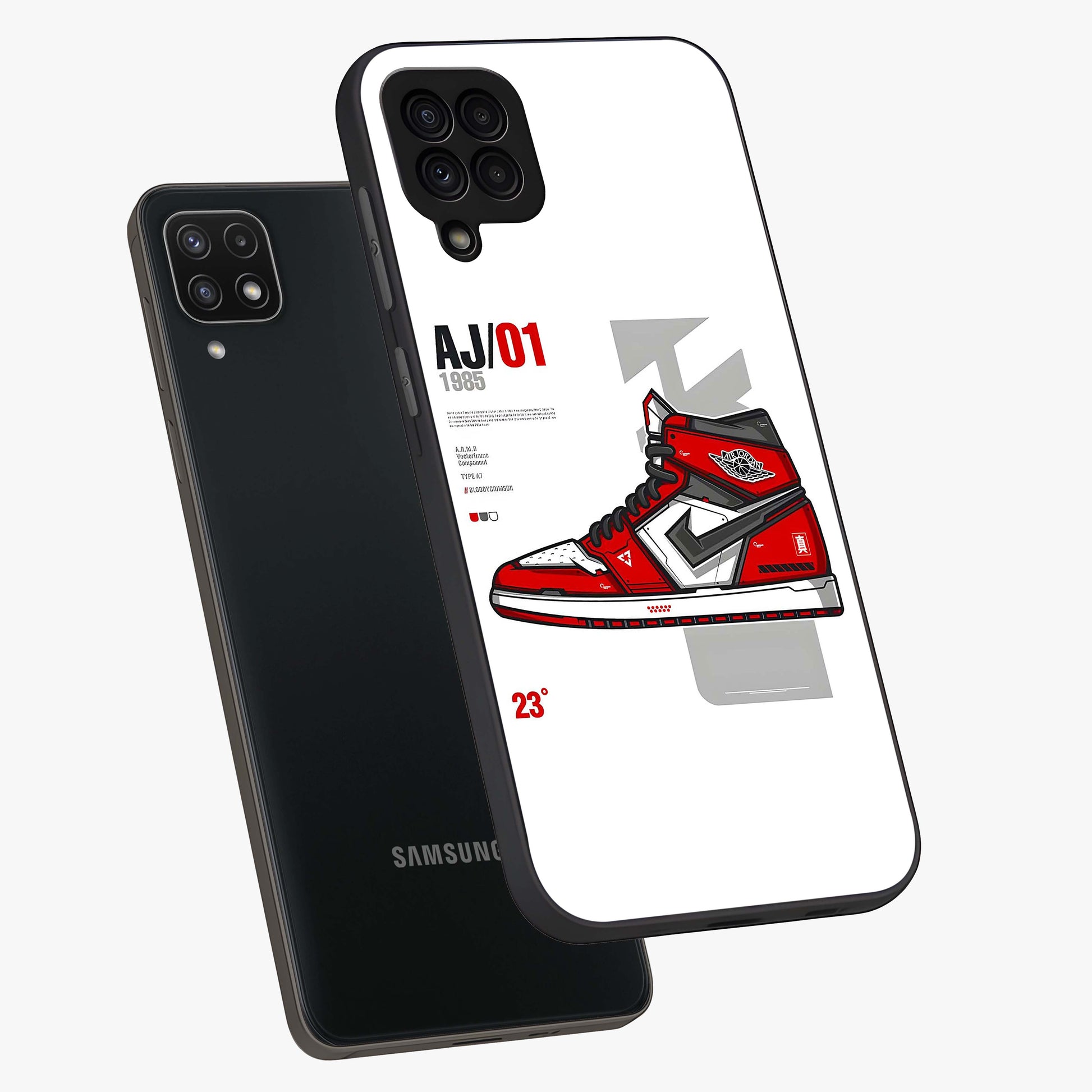 Retro Sneaker Blueprint Glass Case displayed in angled mockup highlighting detailed shoe design with sporty retro aesthetic.