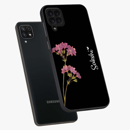 Riching Lavender Flower Custom Name Glass Case displayed in angled mockup highlighting delicate lavender flower design with custom name feature.