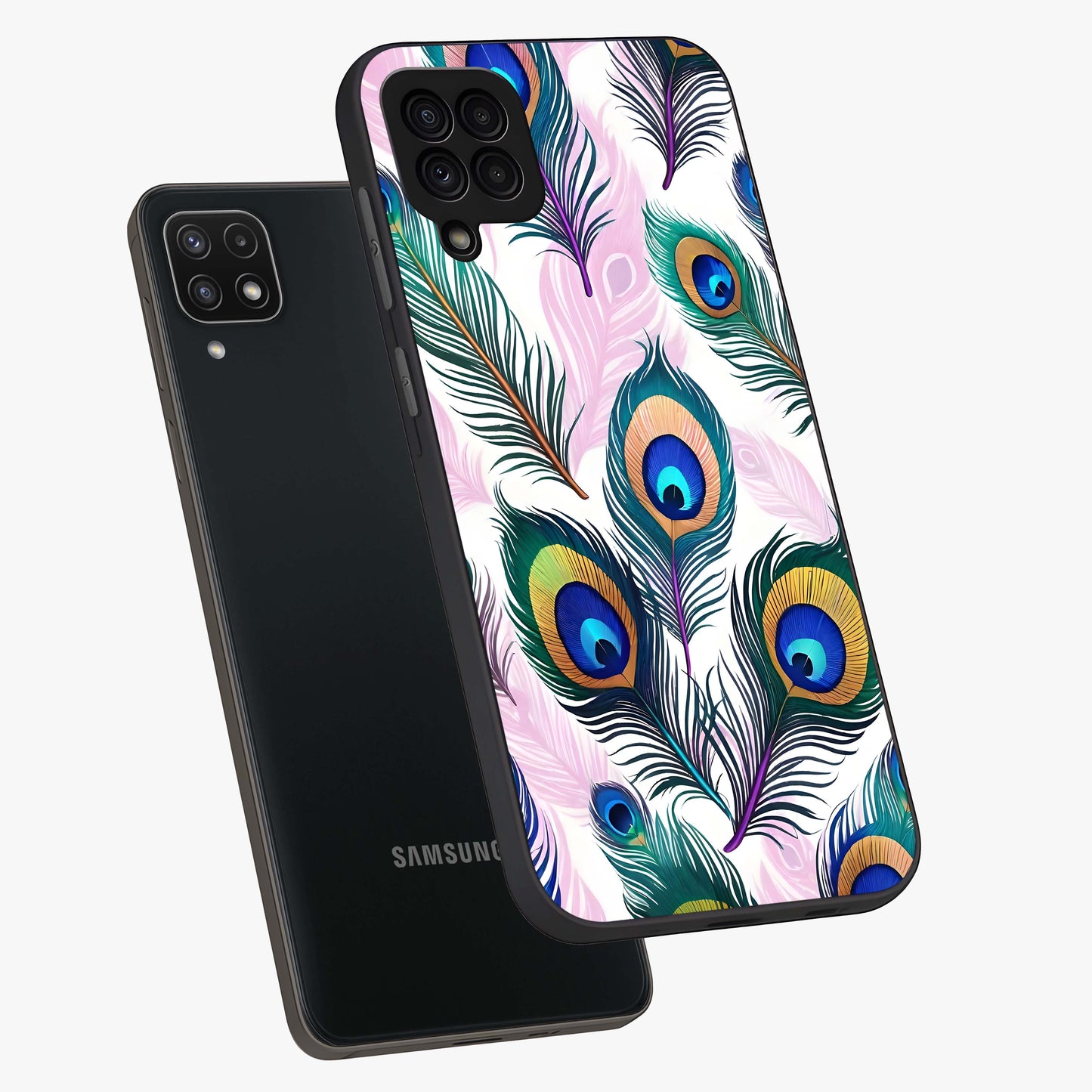Royal Peacock Feathers Glass Case displayed in angled mockup highlighting vibrant feather pattern with regal aesthetic style.