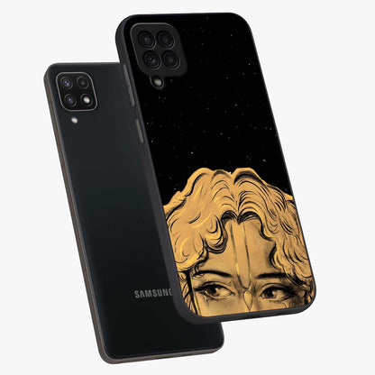 Shri Krishna Art Glass Case displayed in angled mockup highlighting spiritual Krishna illustration with divine aesthetic.