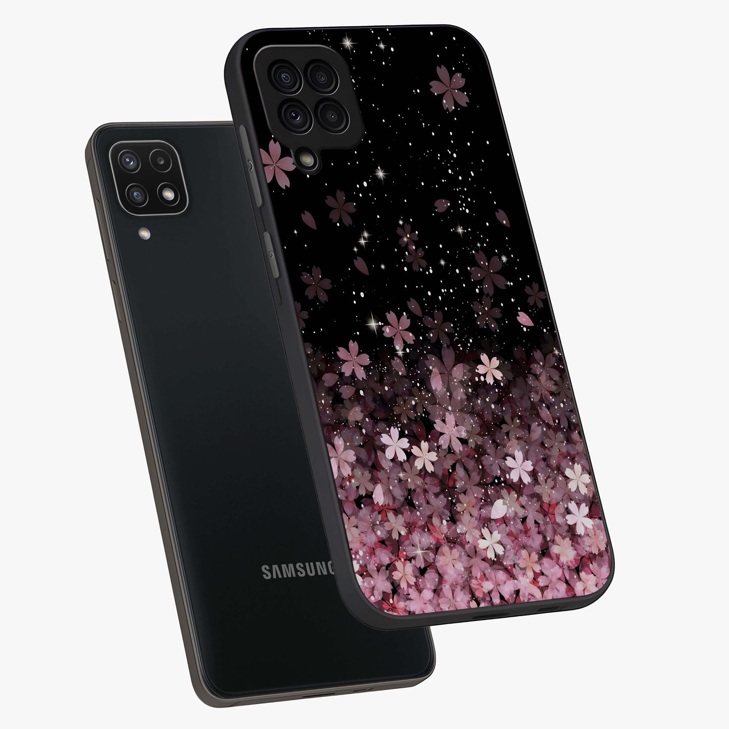 Small Starry Flowers Glass Case displayed in angled mockup highlighting tiny flower pattern with celestial aesthetic style.