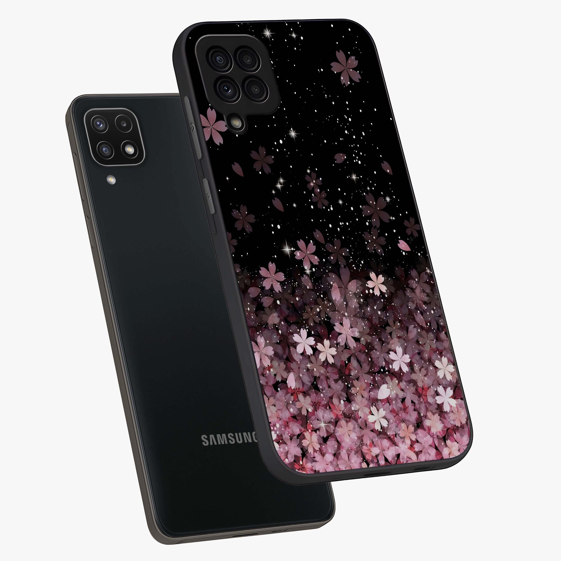 Small Starry Flowers Glass Case displayed in angled mockup highlighting tiny flower pattern with celestial aesthetic style.