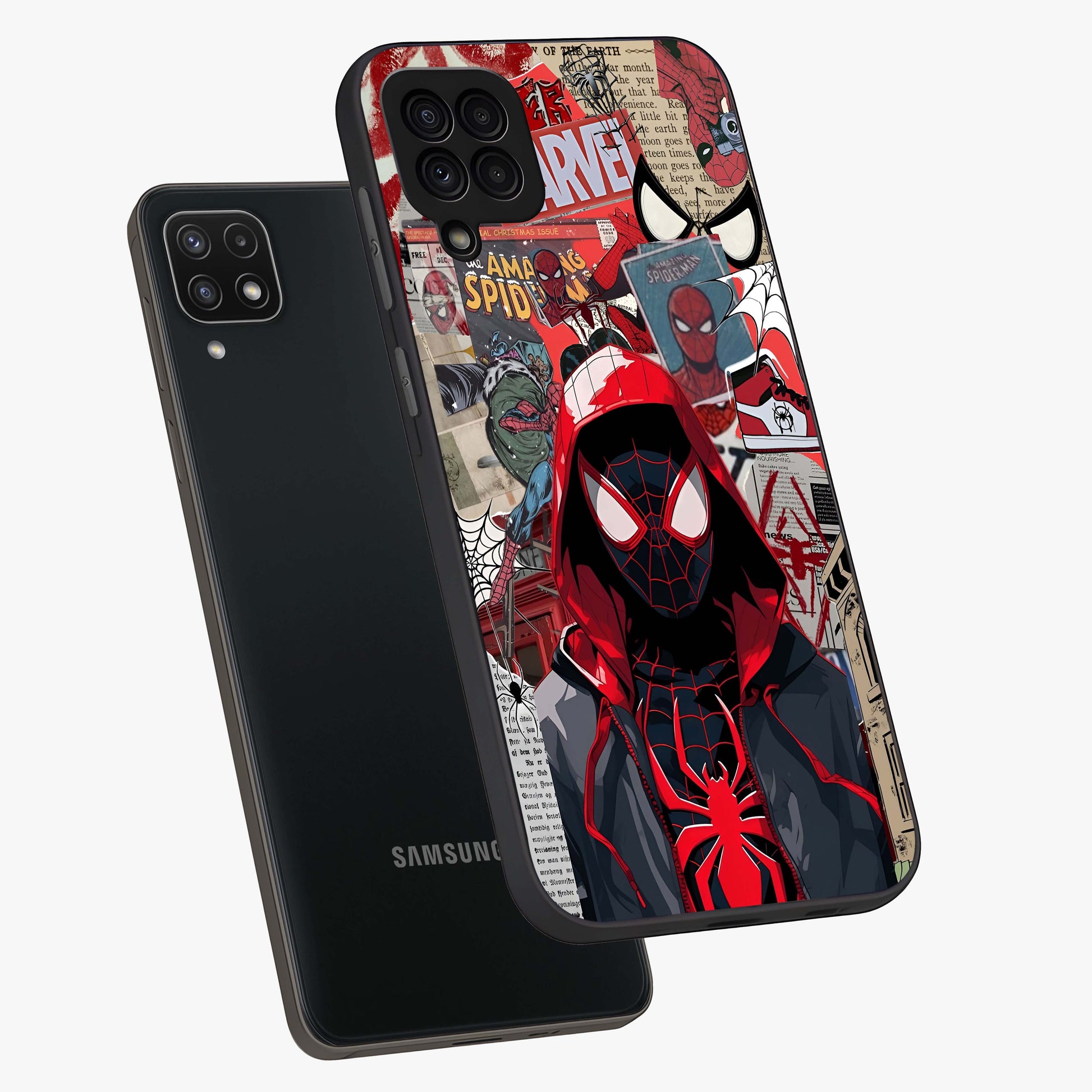 Spider Collage Street Glass Case displayed in angled mockup highlighting dynamic street style collage design with comic aesthetic.