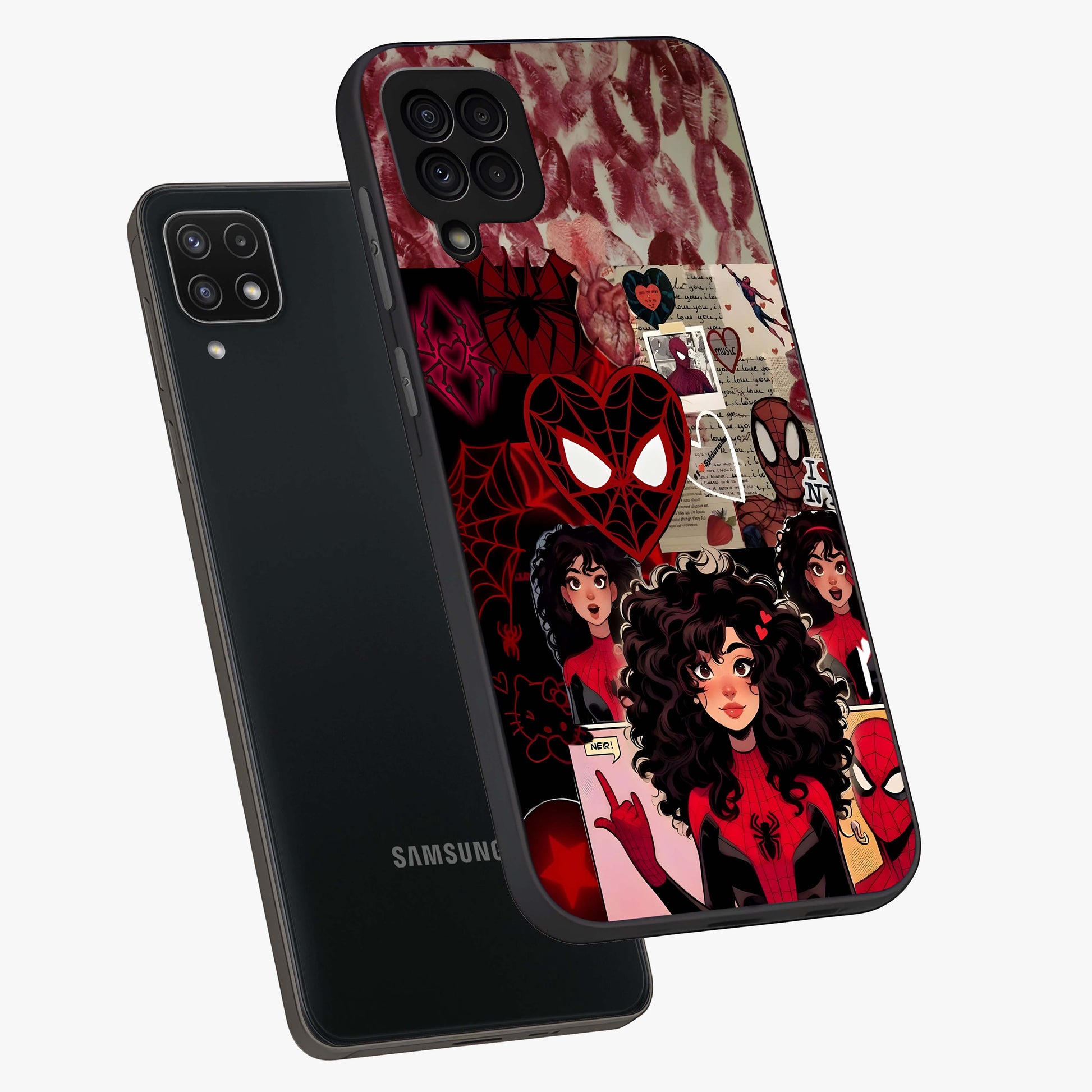 Spider Love Story Glass Case displayed in angled mockup highlighting expressive comic inspired design with playful aesthetic.