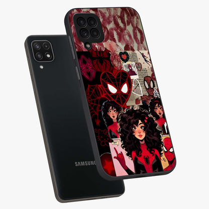 Spider Love Story Glass Case displayed in angled mockup highlighting expressive comic inspired design with playful aesthetic.