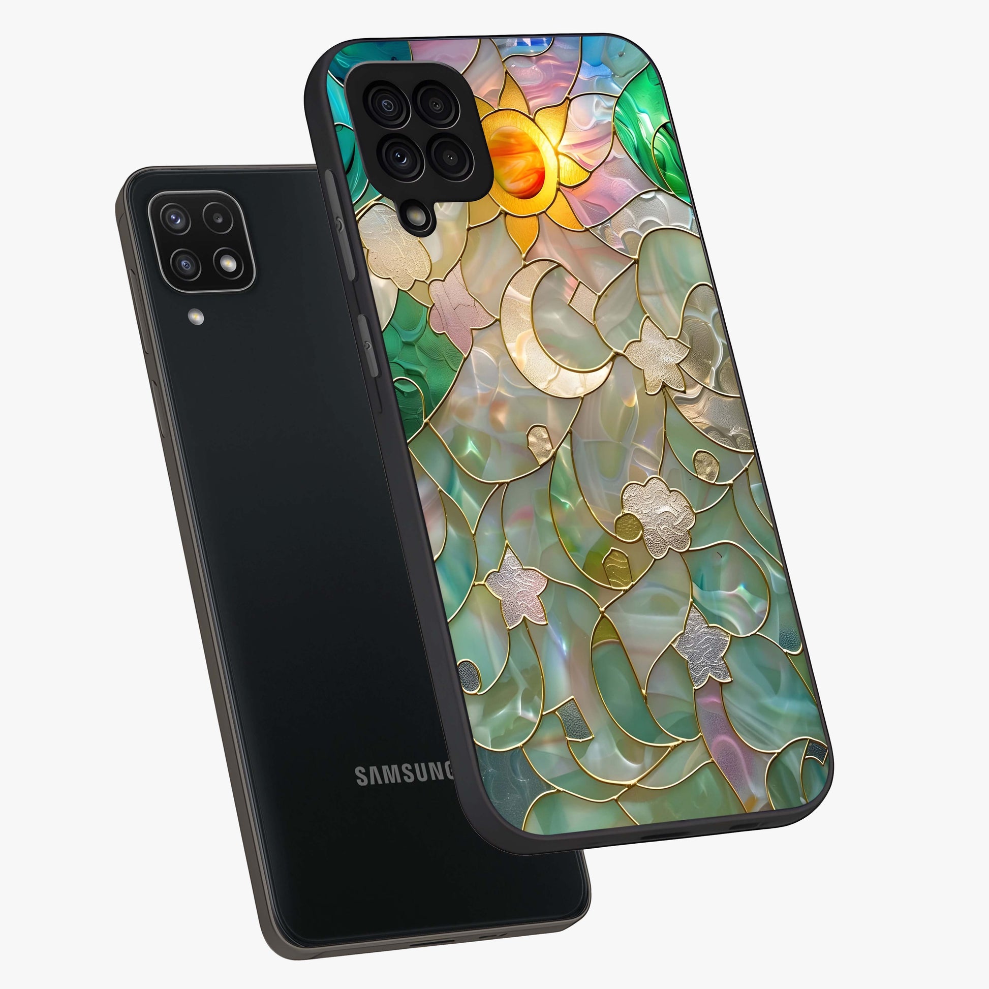 Stained Sunrise Glow Glass Case displayed in angled mockup highlighting radiant sunrise design with artistic aesthetic style.