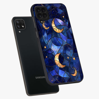 Starlit Sky Tapestry Glass Case displayed in angled mockup highlighting celestial night pattern with artistic aesthetic style.