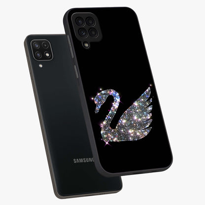 Starlit Swan Grace Glass Case displayed in angled mockup highlighting elegant swan illustration with dreamy celestial aesthetic.