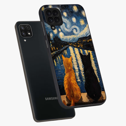 Starry River Cats Glass Case displayed in angled mockup highlighting charming feline illustration with dreamy night aesthetic.