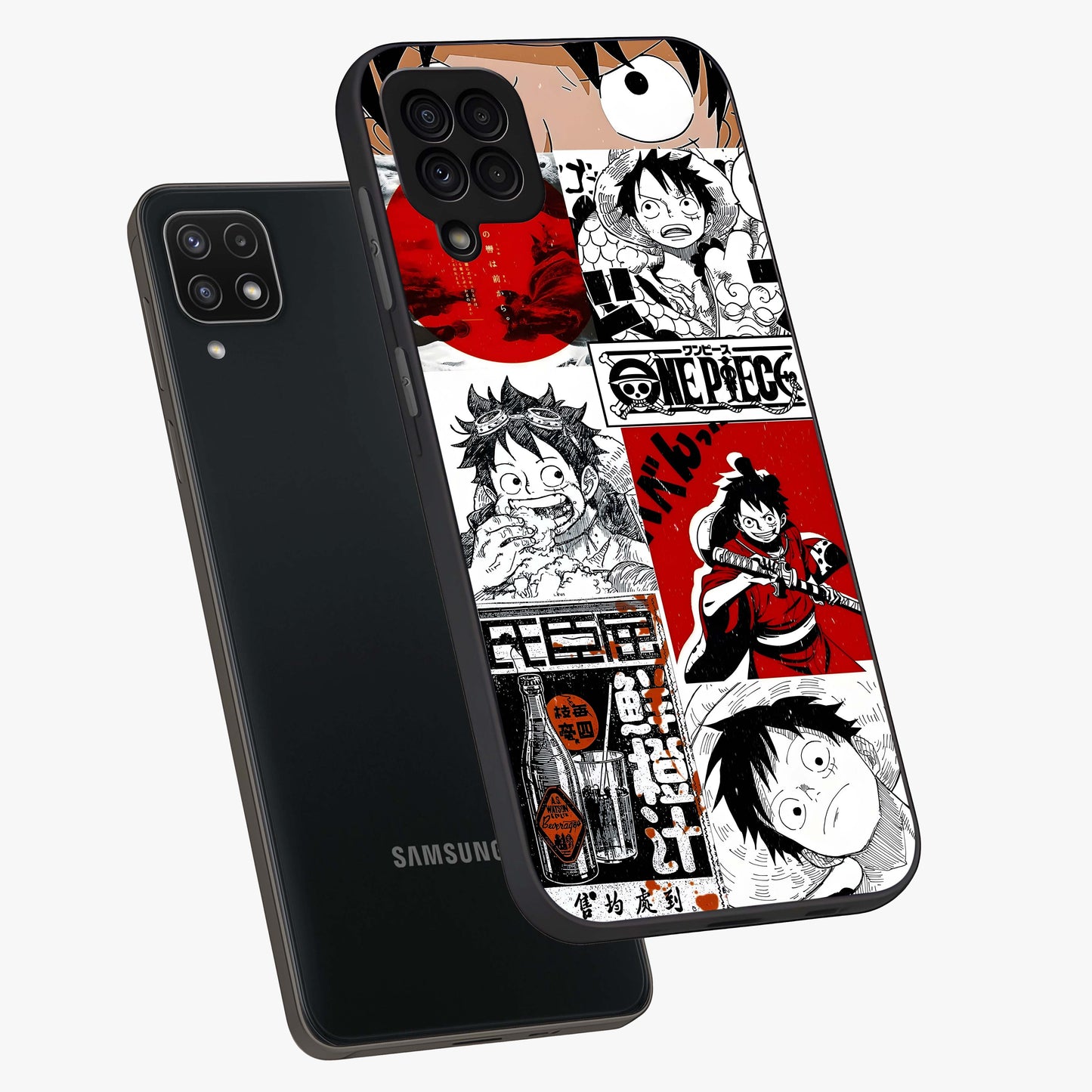 Strawhat Chaos Panels Glass Case displayed in angled mockup highlighting vibrant anime collage design with action aesthetic.