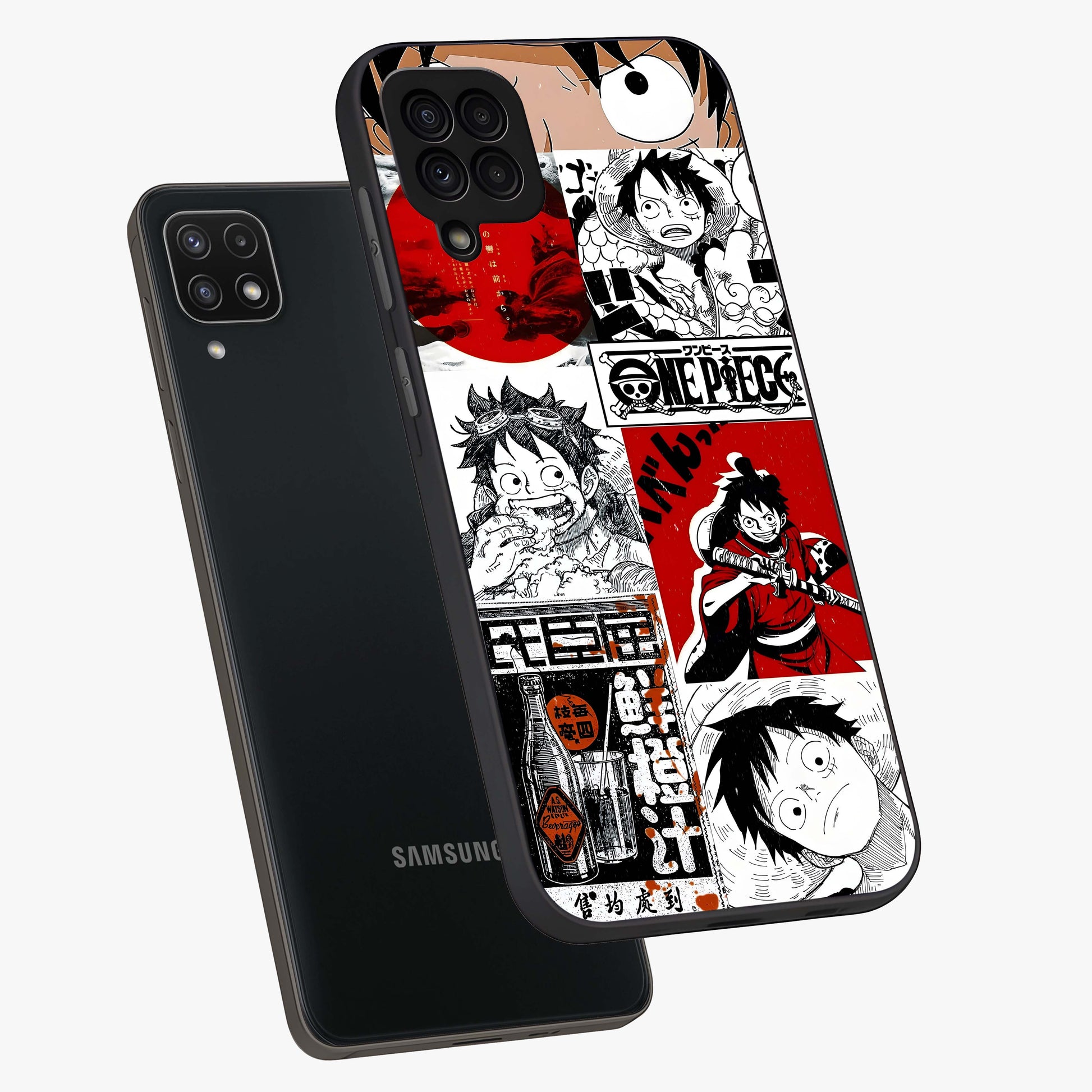Strawhat Chaos Panels Glass Case displayed in angled mockup highlighting vibrant anime collage design with action aesthetic.