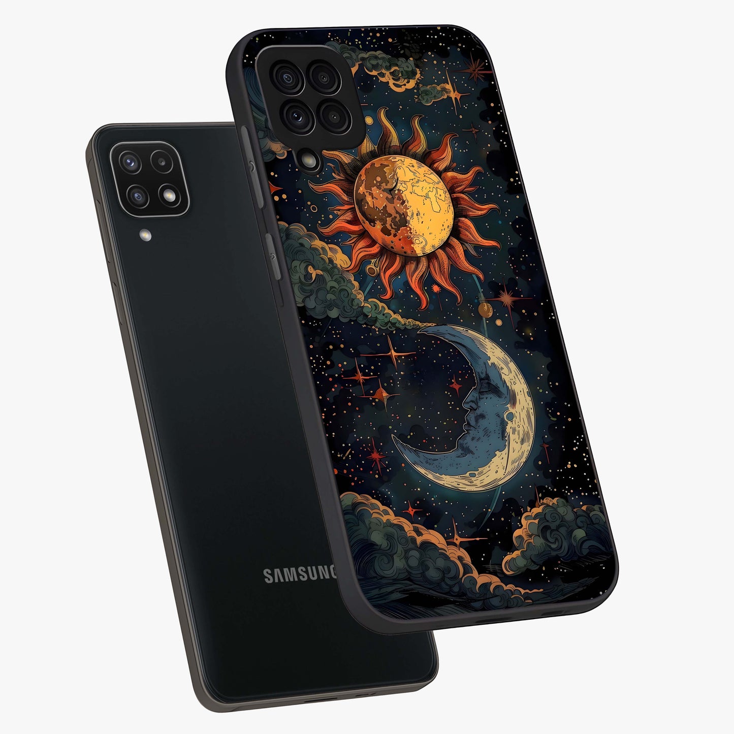 Sun And Moon Magic Design Glass Case displayed in angled mockup highlighting celestial design with magical cosmic aesthetic.