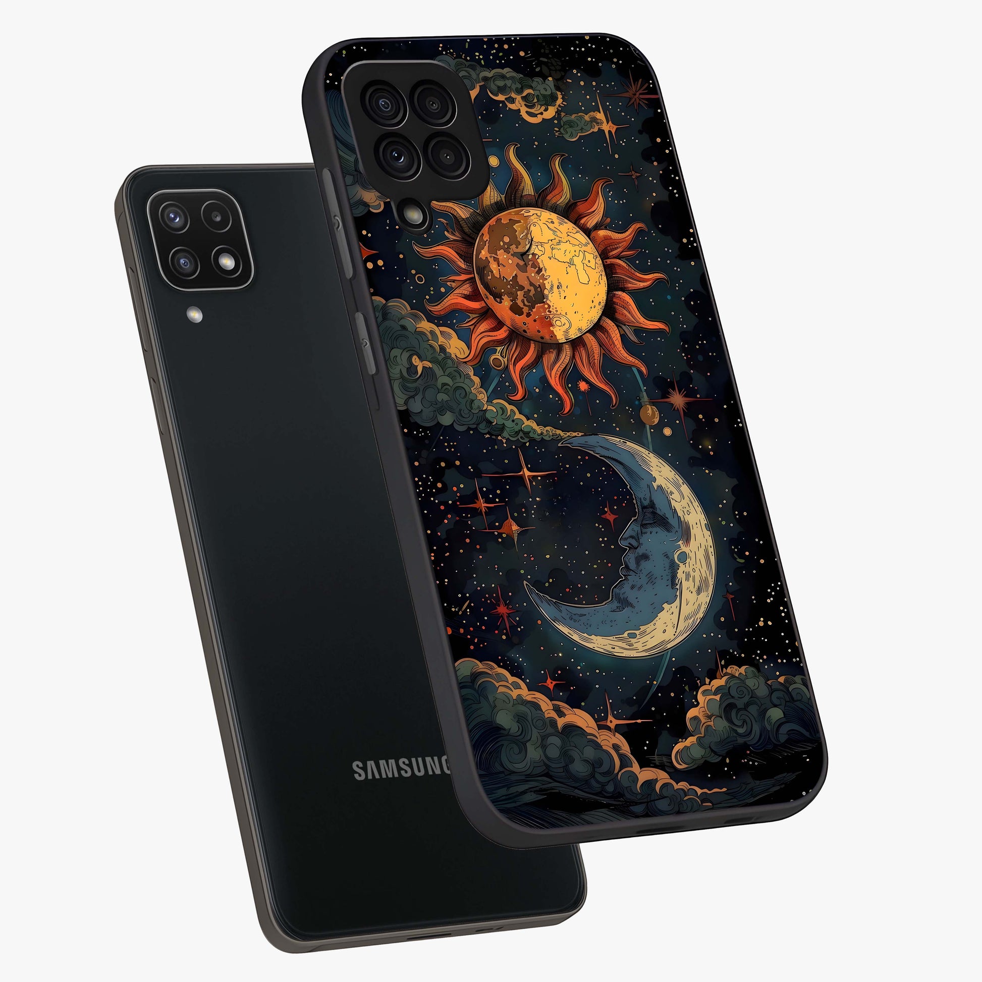 Sun And Moon Magic Design Glass Case displayed in angled mockup highlighting celestial design with magical cosmic aesthetic.