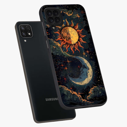 Sun And Moon Magic Design Glass Case displayed in angled mockup highlighting celestial design with magical cosmic aesthetic.