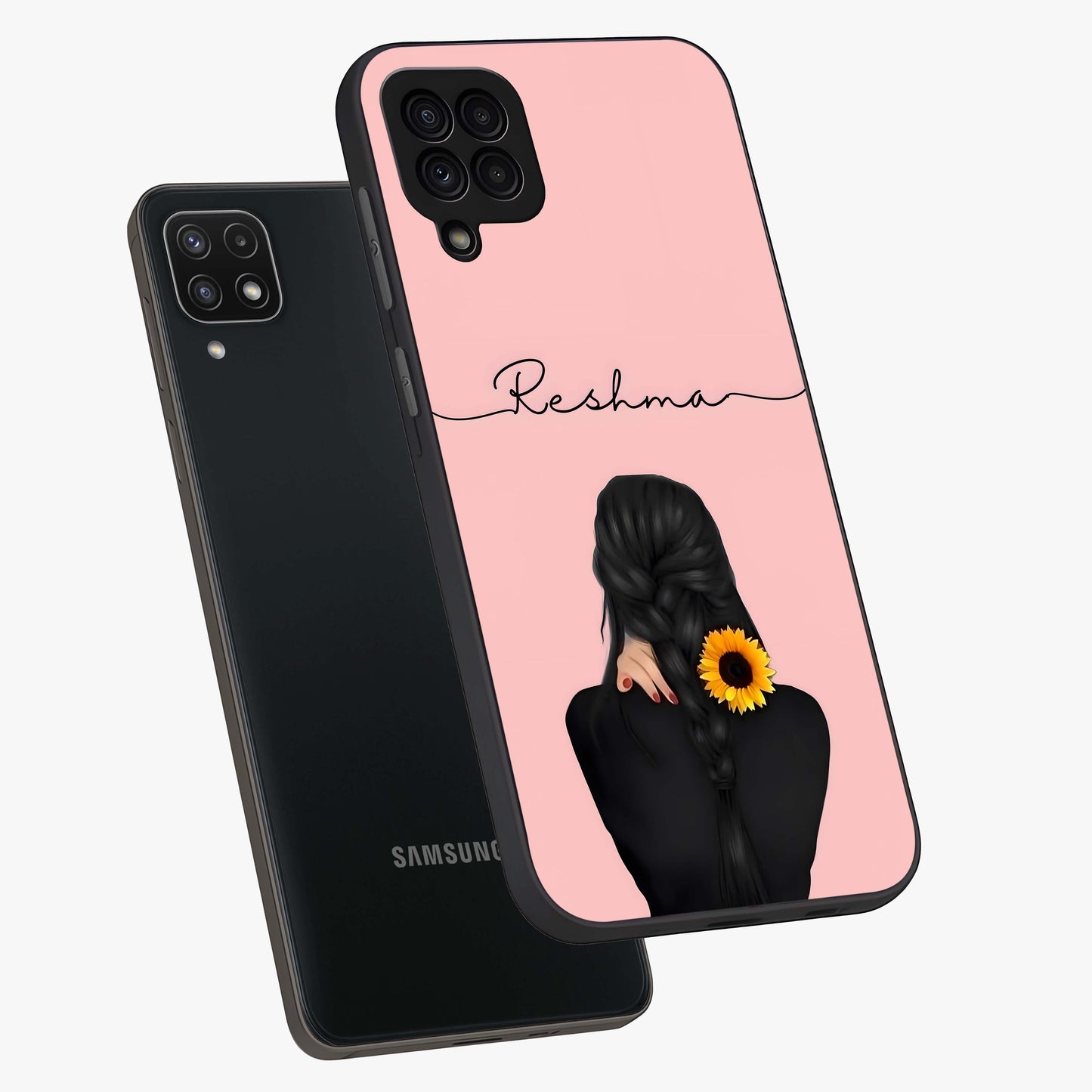 Sunflower Braid Beauty With Custom Name Glass Case displayed in angled mockup highlighting elegant sunflower design with custom name feature.