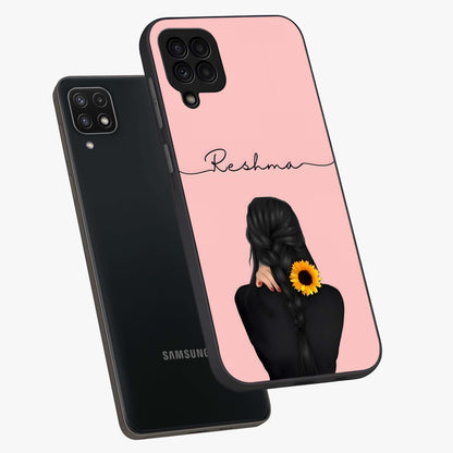 Sunflower Braid Beauty With Custom Name Glass Case displayed in angled mockup highlighting elegant sunflower design with custom name feature.