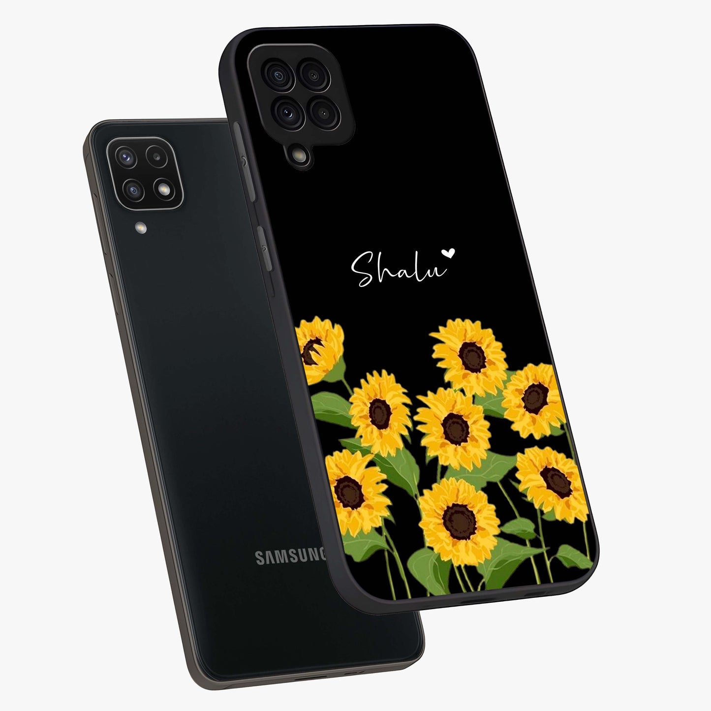Sunflower Chic Mood Custom Name Glass Case displayed in angled mockup highlighting vibrant sunflower design with custom name feature.