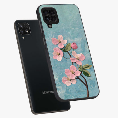 Threaded Blossom Breeze Glass Case displayed in angled mockup highlighting elegant floral design with soft aesthetic style.