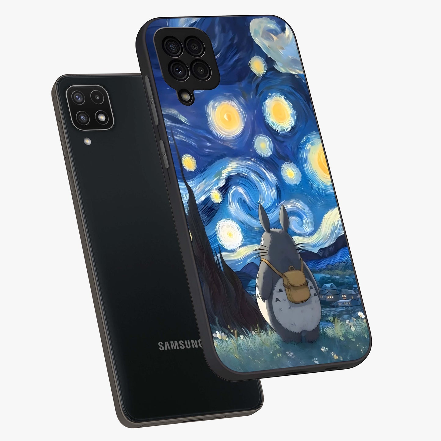 Totoro In Van Gogh Art Glass Case displayed in angled mockup highlighting artistic swirling sky design with playful animation aesthetic.
