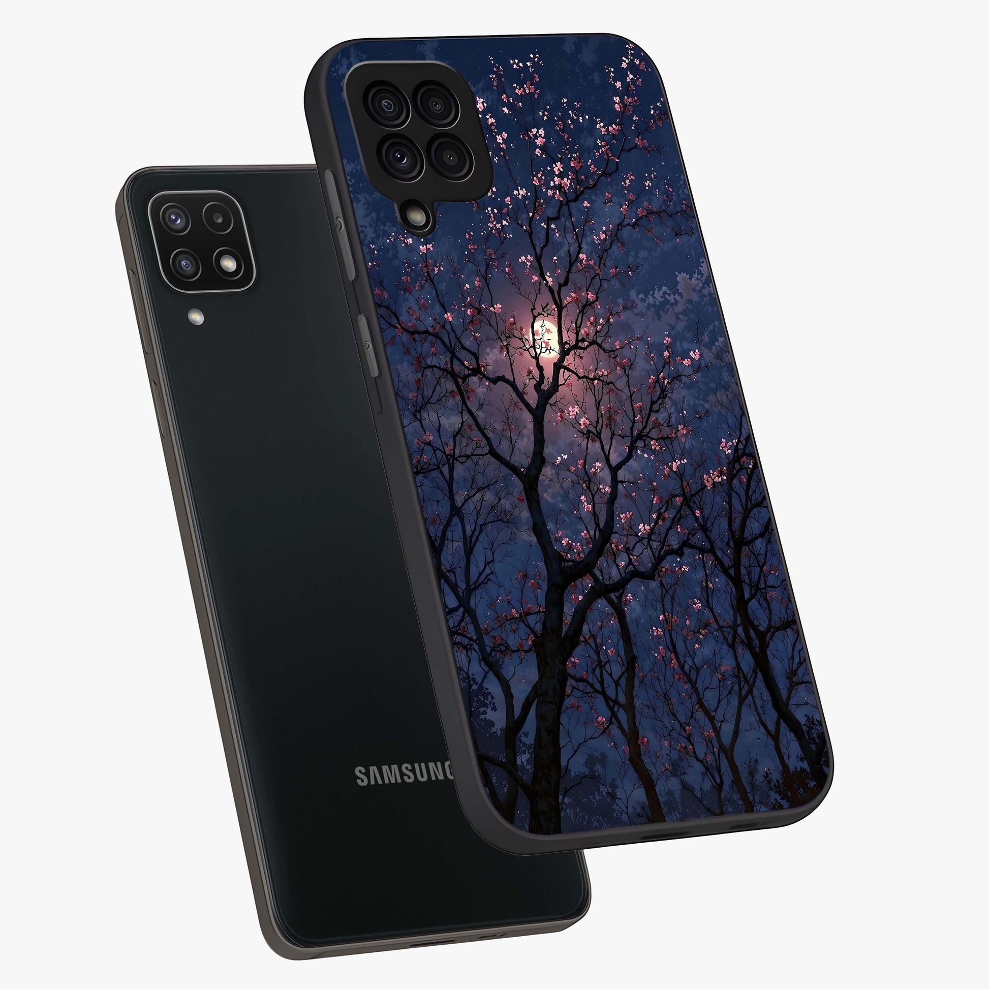 Twilight Sakura Serenade Glass Case displayed in angled mockup highlighting delicate sakura flower design with dreamy aesthetic.