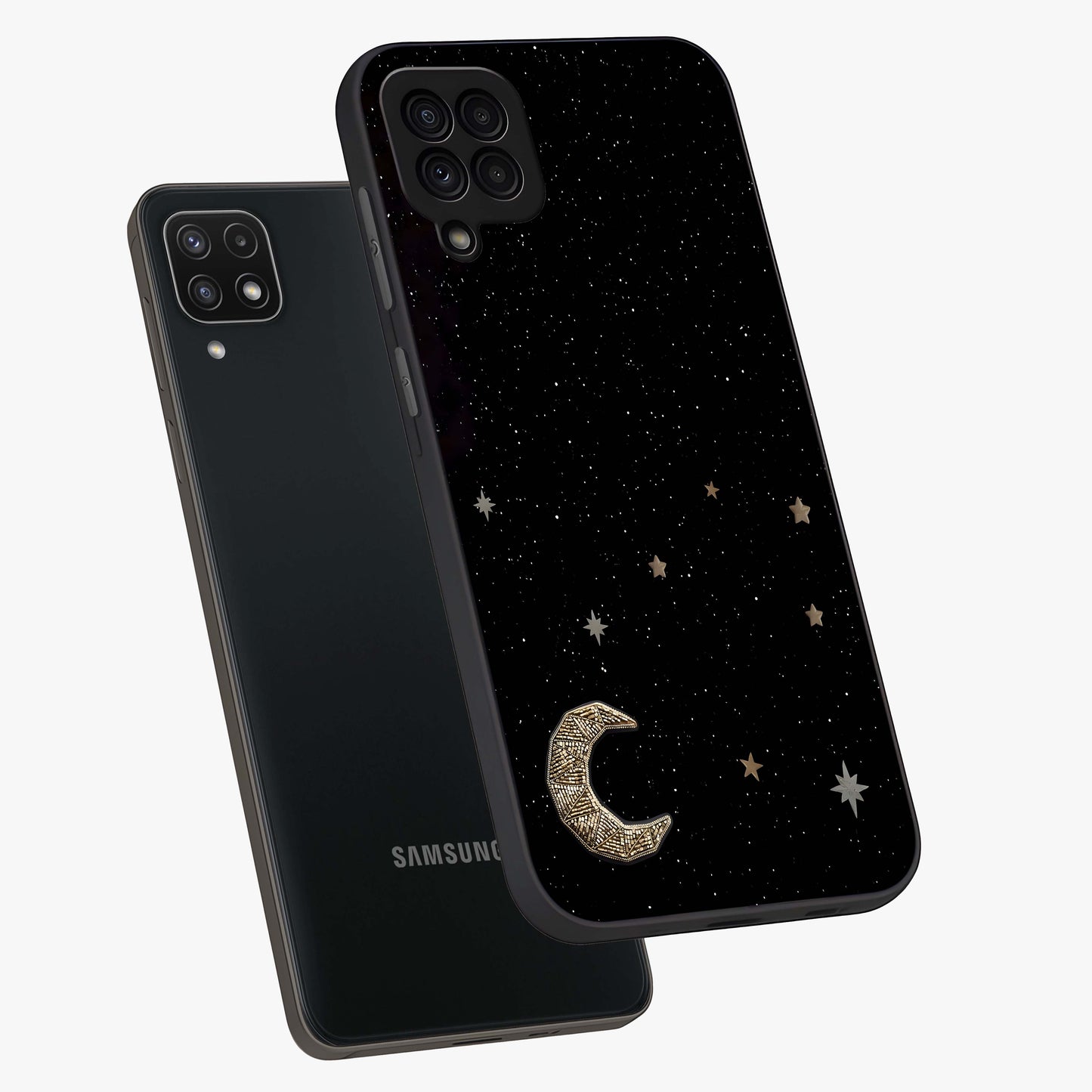 Twinkle Star With Half Moon Glass Case displayed in angled mockup highlighting celestial moon and star design with magical aesthetic.