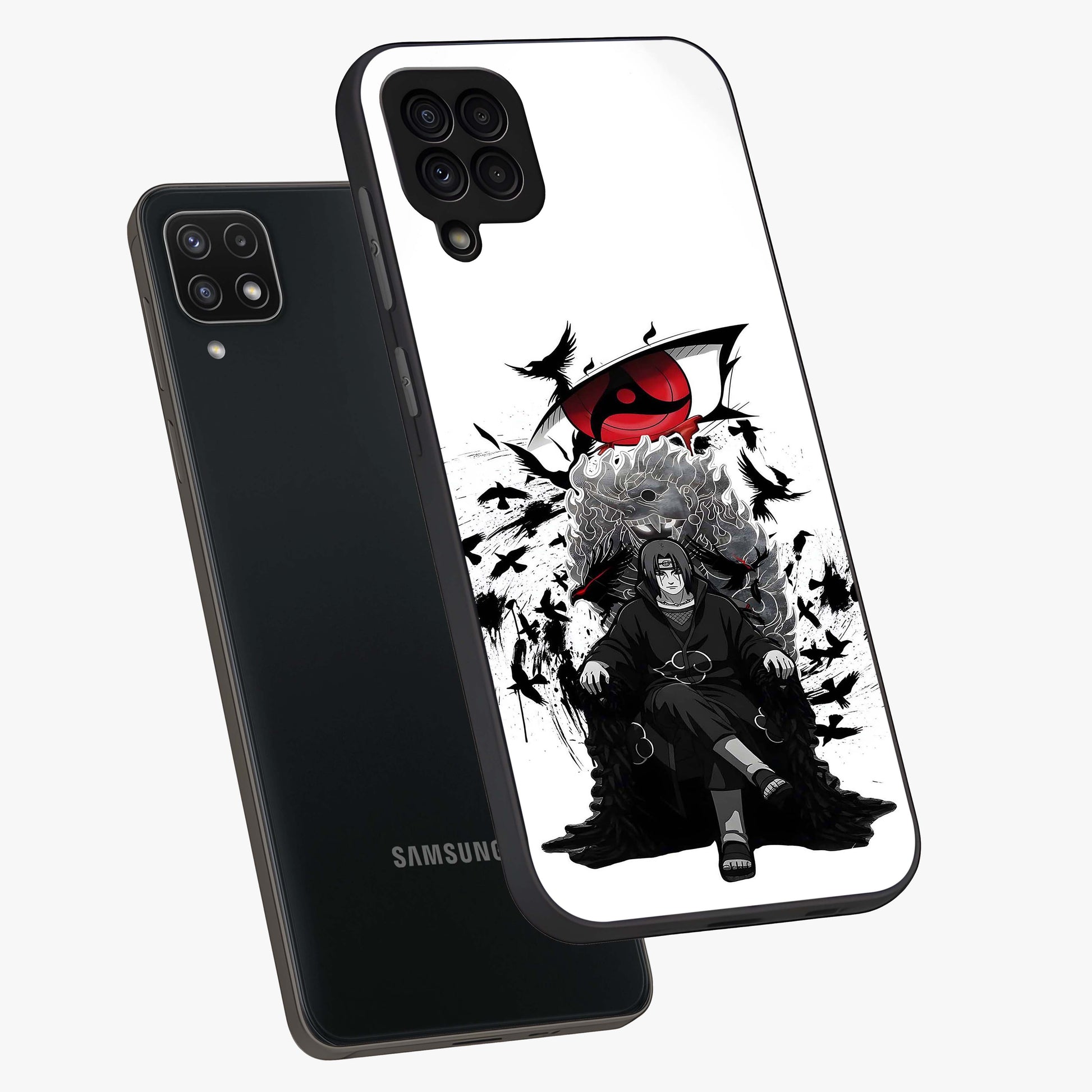 Uchiha Shadow Throne Glass Case displayed in angled mockup highlighting glowing aquatic design with celestial aesthetic.