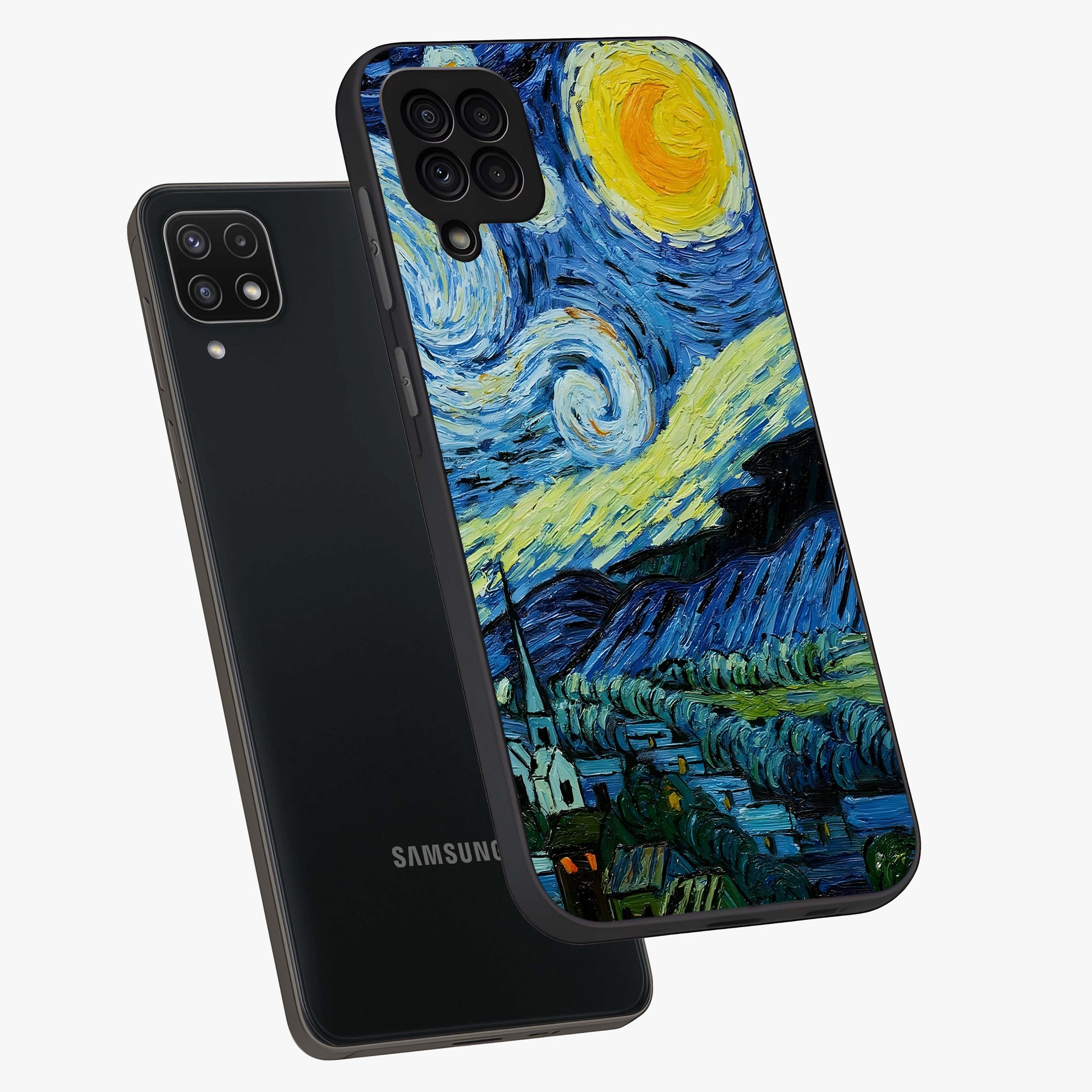 Van Gogh Art Glass Case displayed in angled mockup highlighting swirling brushstroke design with artistic aesthetic.