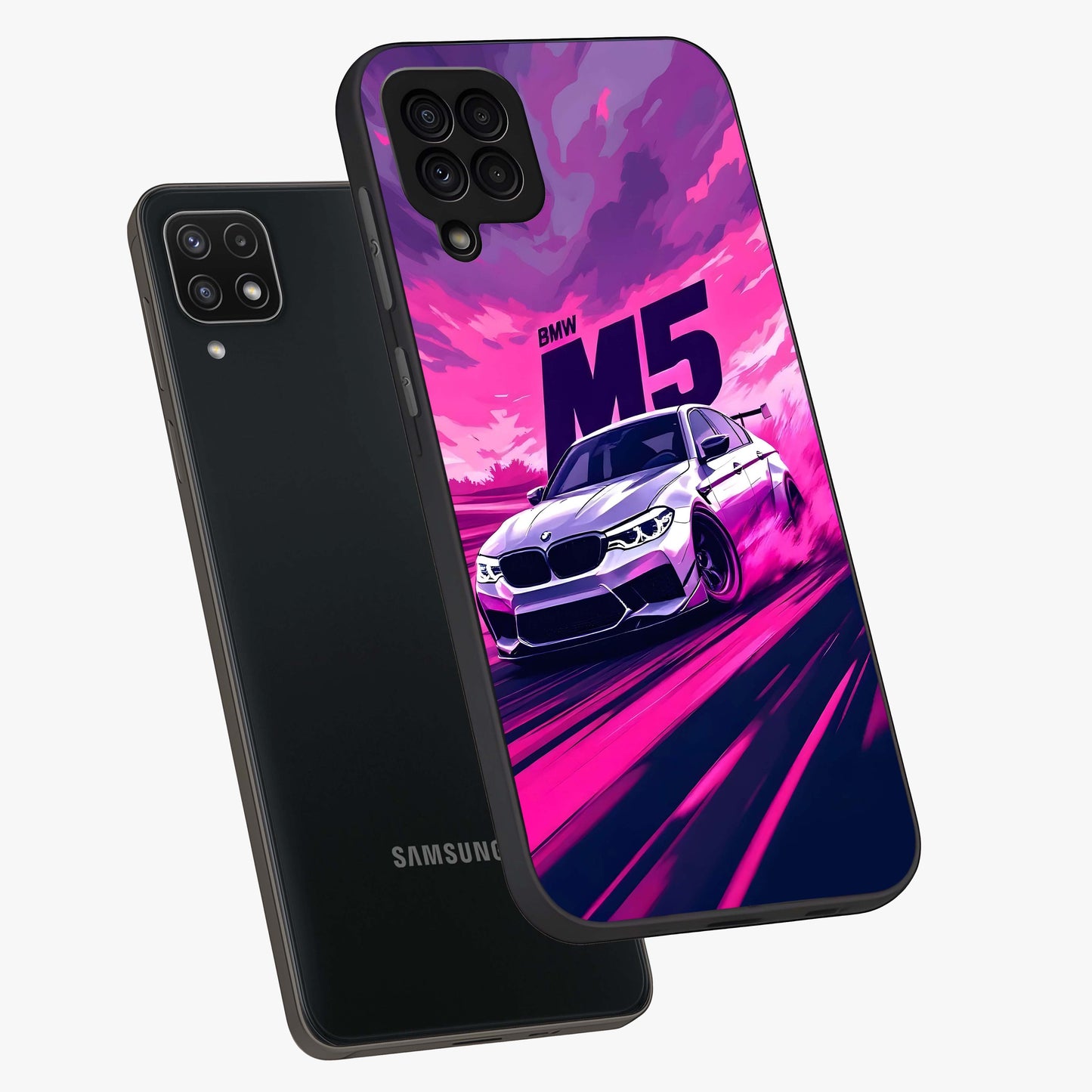 Velocity Drift Pulse Glass Case displayed in angled mockup highlighting dynamic drift design with sporty automotive aesthetic.