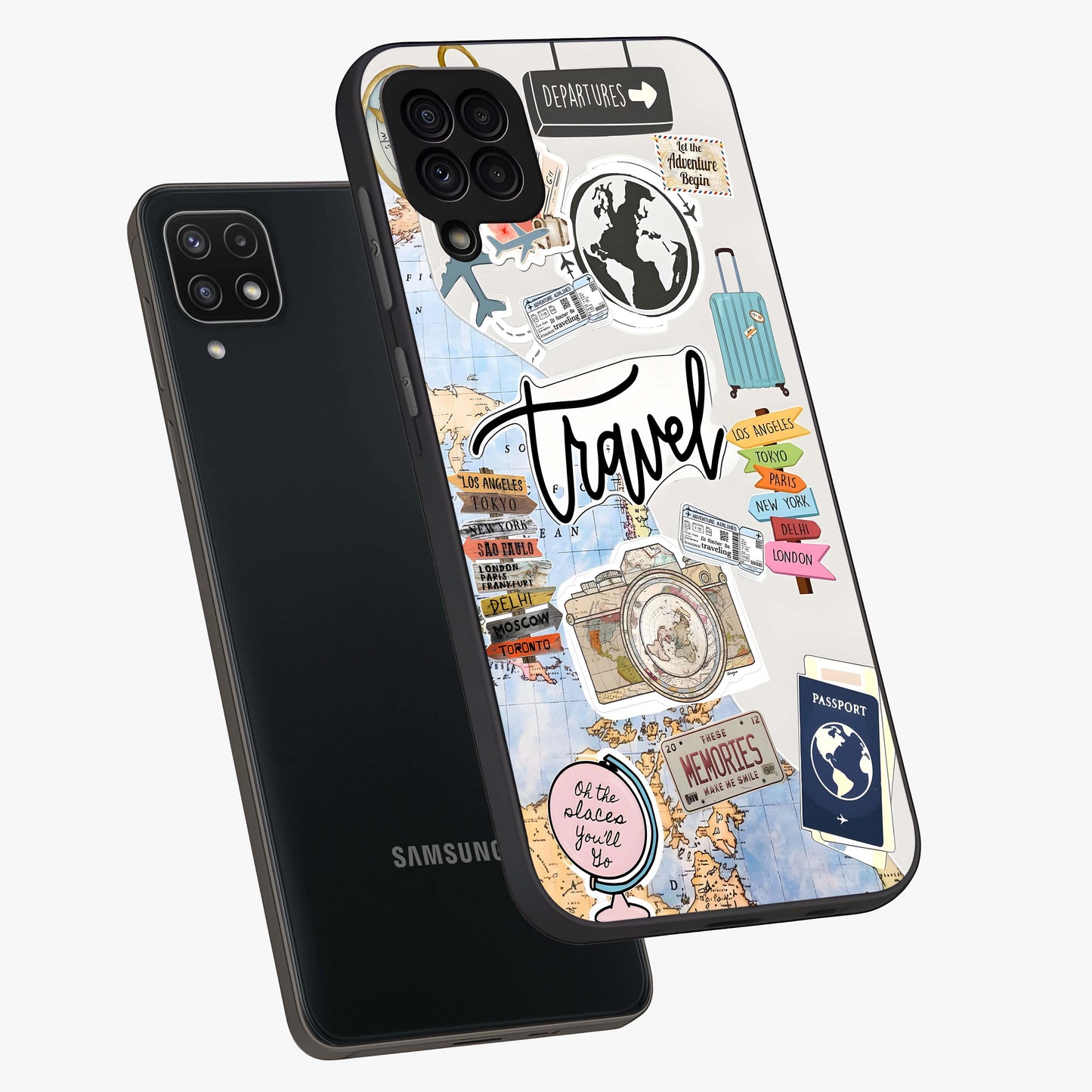 Wanderlust Journal Glass Case displayed in angled mockup highlighting adventure themed design with aesthetic travel vibe.