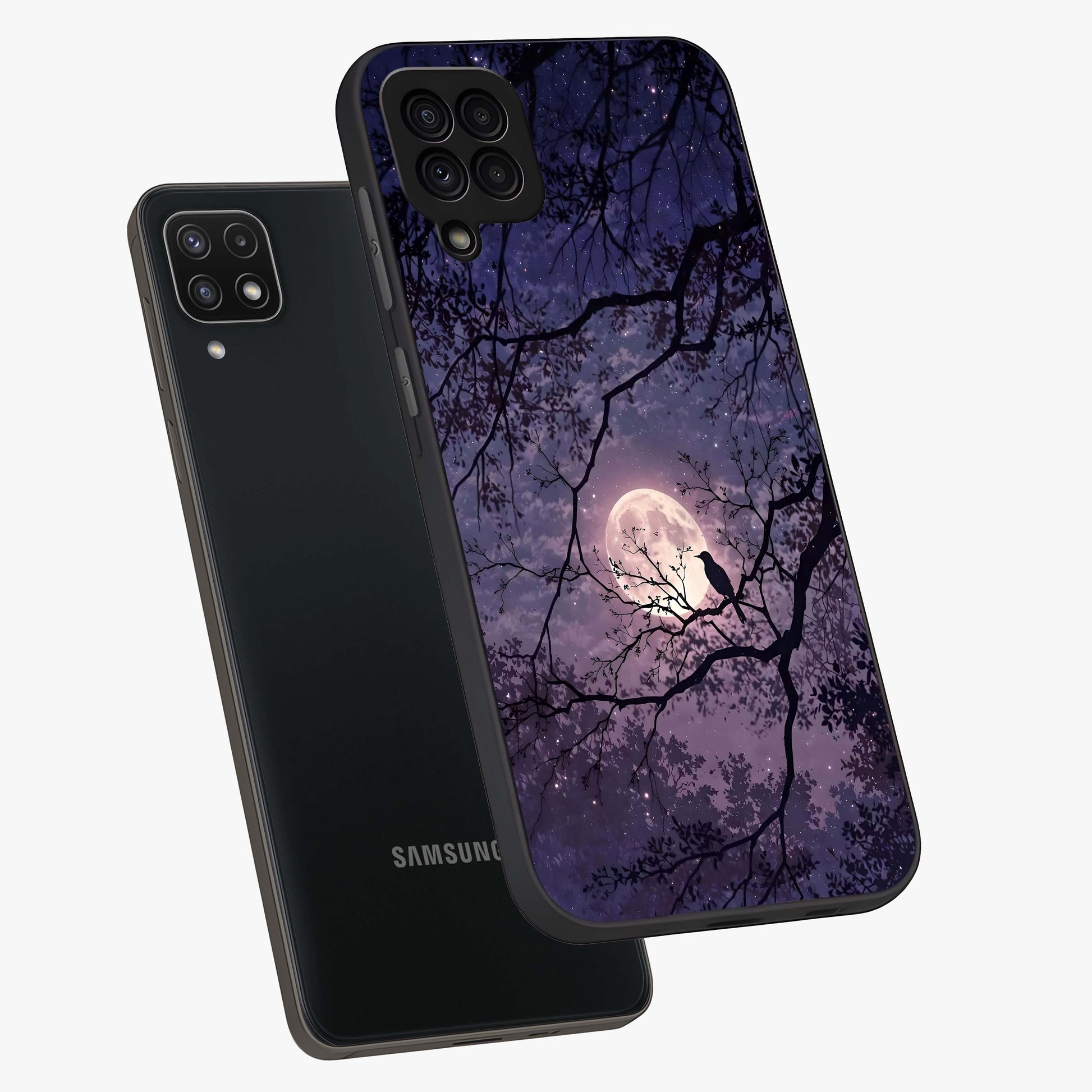 Whispering Moon Silence Glass Case displayed in angled mockup highlighting calm lunar design with dreamy night aesthetic.