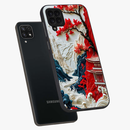 Whispers Of Sakura Waves Glass Case displayed in angled mockup highlighting flowing sakura design with soft floral aesthetic.