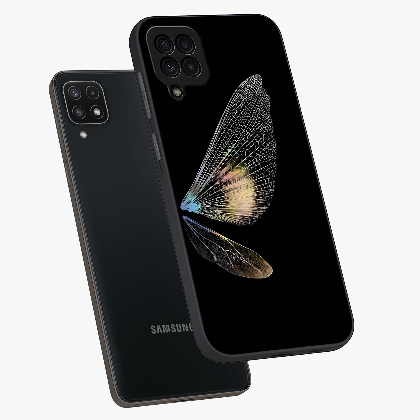 Whispers Of Wings Glass Case displayed in angled mockup highlighting soft feather design with celestial aesthetic style.