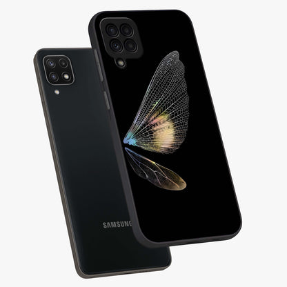 Whispers Of Wings Glass Case displayed in angled mockup highlighting soft feather design with celestial aesthetic style.