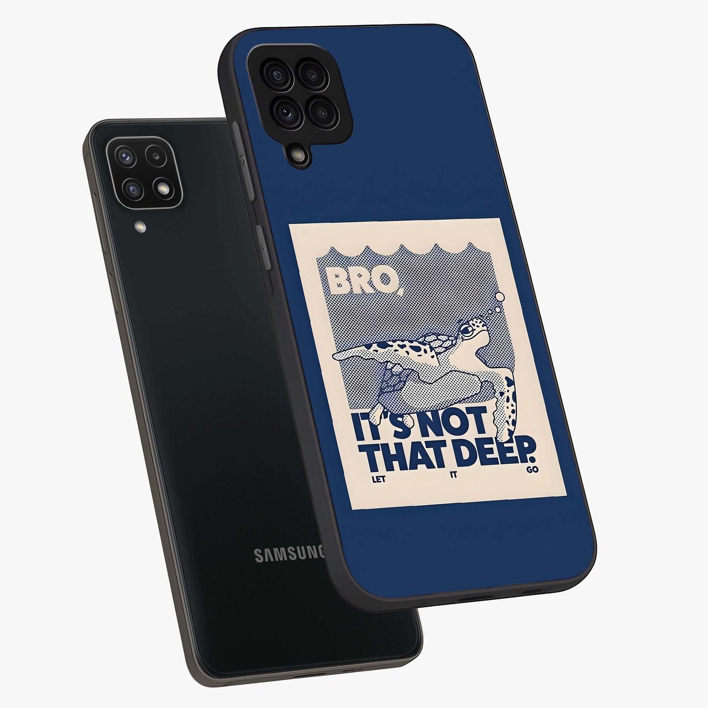 Worry Less Swim Glass Case displayed in angled mockup highlighting fun typography design with relaxed aesthetic style.