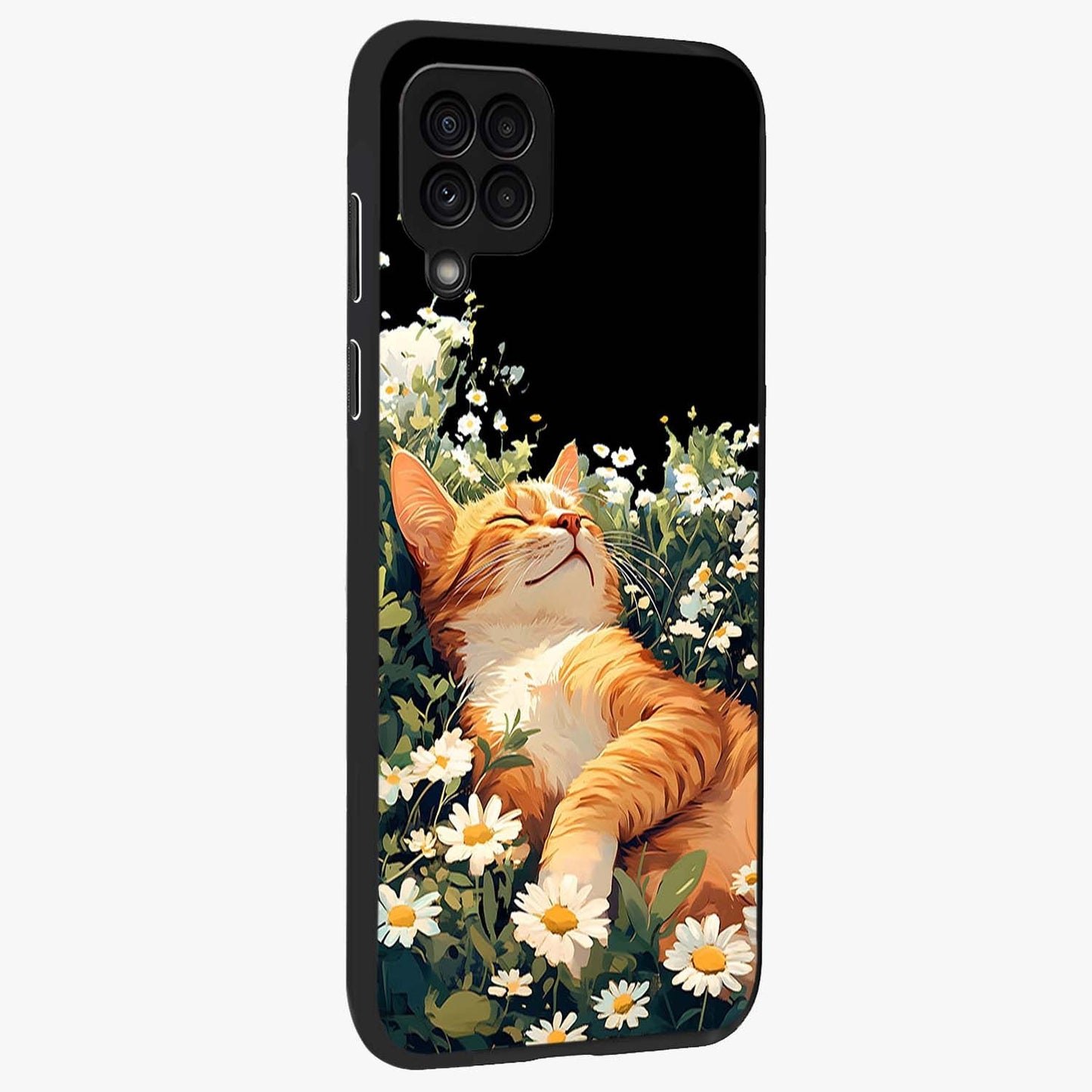 Blissful Bloom Cat Glass Case upright view showcasing charming cat design surrounded by blooming floral elements.