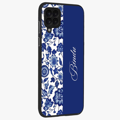 Blue Vintage Floral Pattern Glass Case upright view showcasing delicate blush floral texture with modern minimal style.