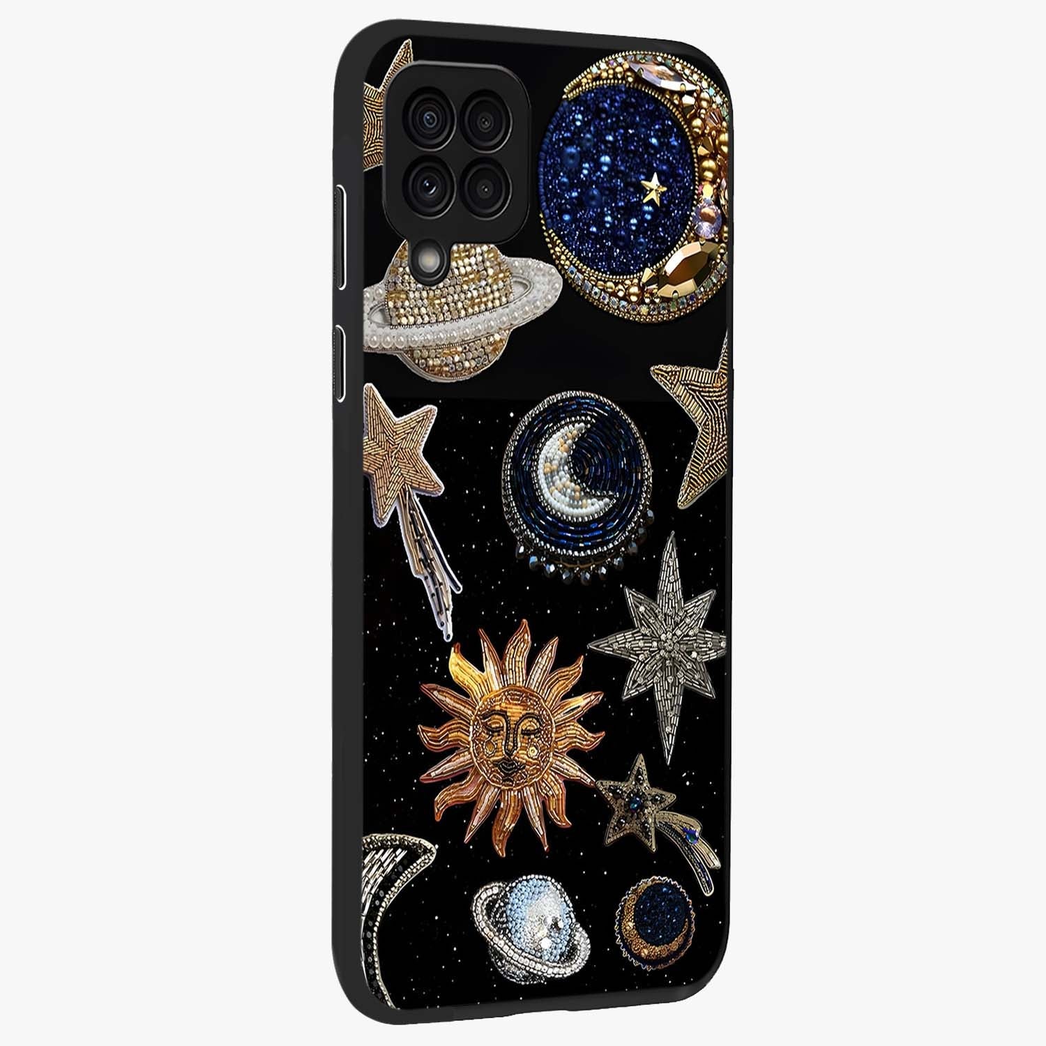 Celestial Gem Constellations Glass Case upright view showcasing cosmic constellation artwork with celestial aesthetic style.