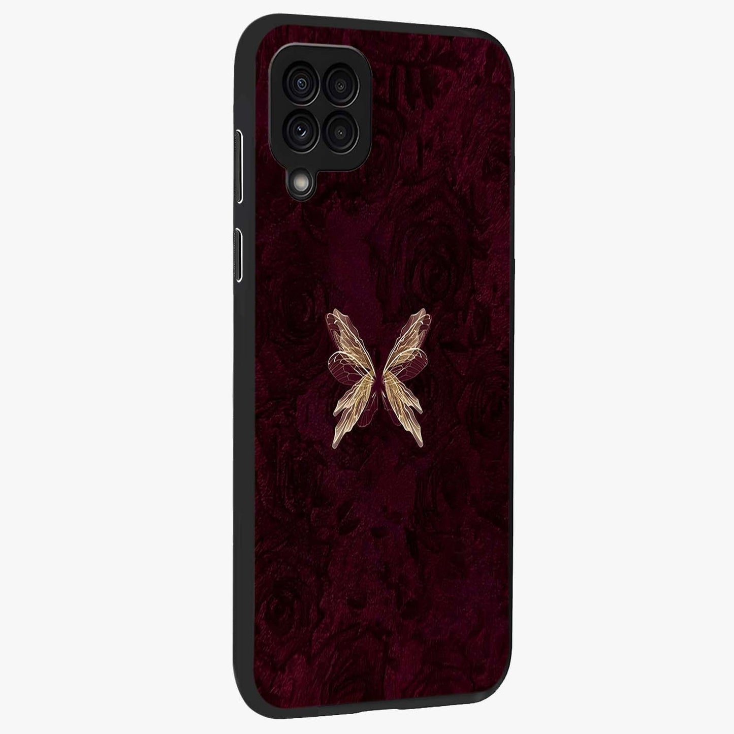 Crimson Fade Butterfly Glass Case upright view showcasing graceful butterfly artwork with soft crimson fade effect.