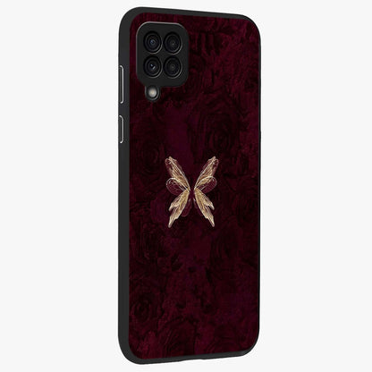 Crimson Fade Butterfly Glass Case upright view showcasing graceful butterfly artwork with soft crimson fade effect.