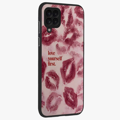 Crimson Kiss Love Glass Case upright view showcasing expressive romantic artwork with deep crimson theme.