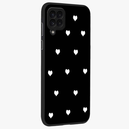Cute And Simple White Hearts Glass Case upright view showcasing simple white hearts artwork with soft minimal theme.