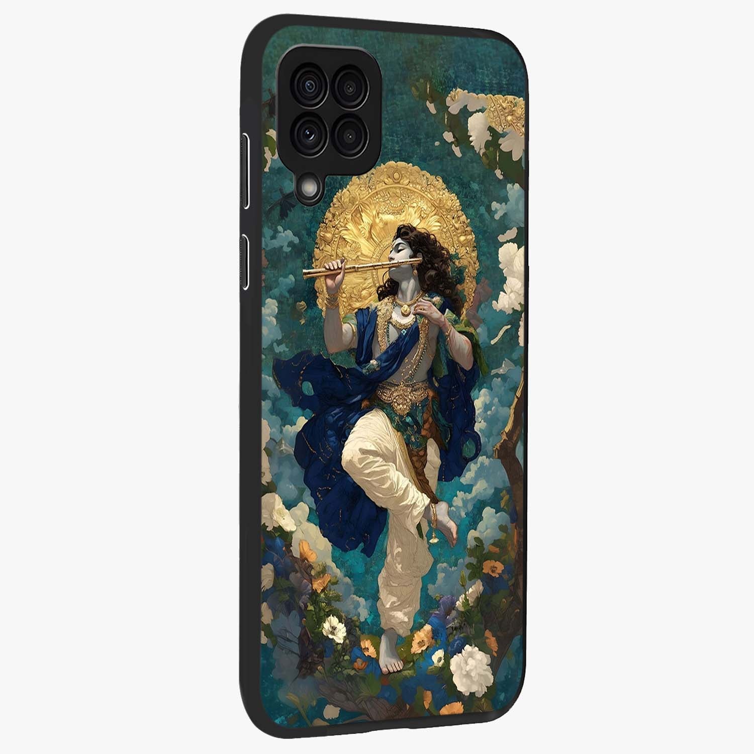 Divine Krishna Art Glass Case upright view showcasing divine Krishna artwork with sacred artistic theme.
