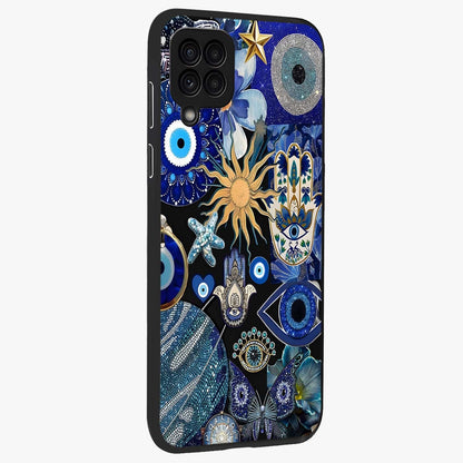 Evil Eye Charm Mix Glass Case upright view showcasing mystical evil eye pattern with vibrant decorative style.