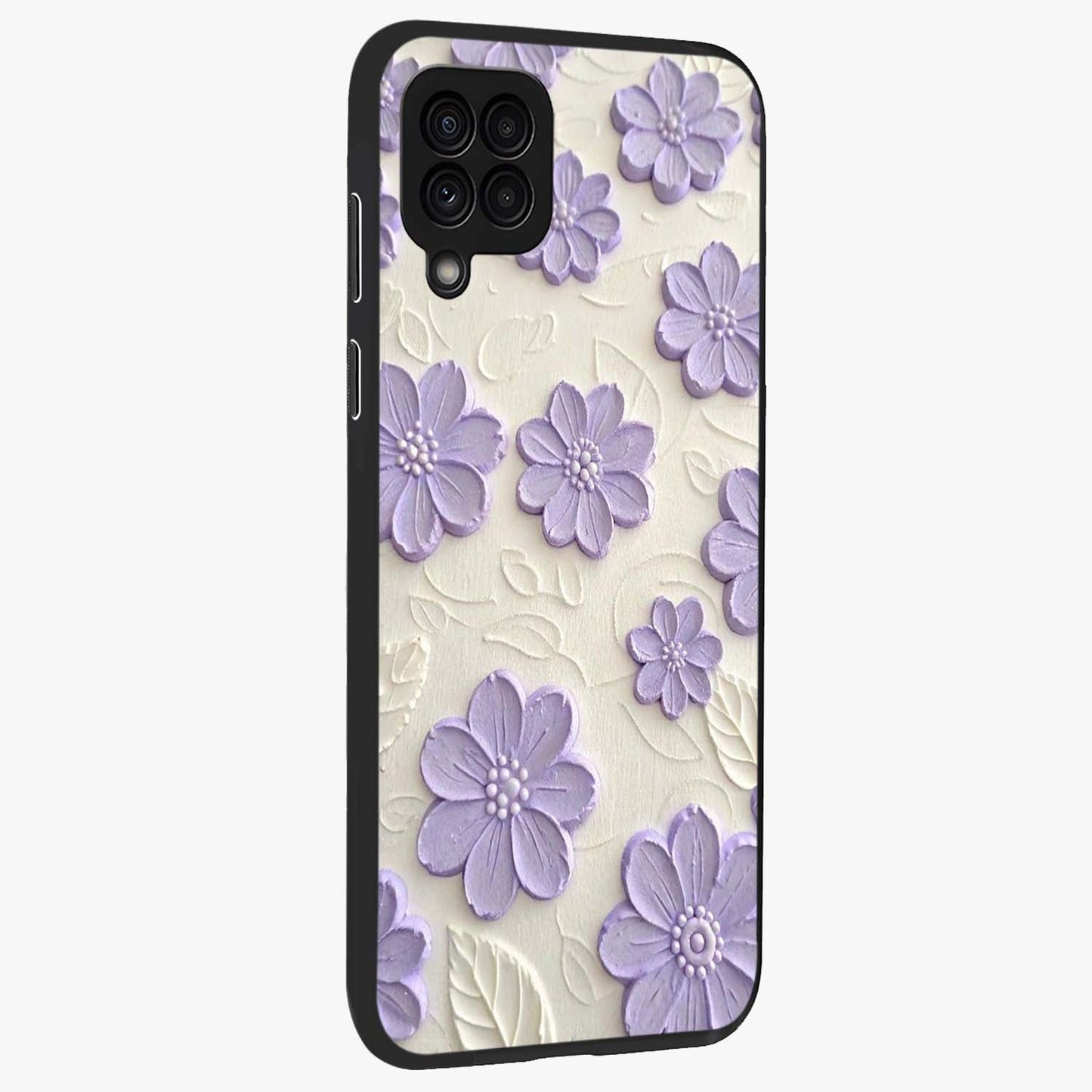 Floral Wall Art With Purple Flowers Glass Case upright view showcasing elegant purple flower artwork with decorative floral theme.